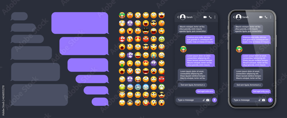 Wall mural Smartphone messaging app, user interface with emoji. SMS text frame. Chat screen, violet message bubbles. Texting app for communication. Social media application. Dark mode. Vector illustration