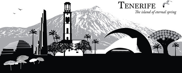 Vector illustration cityscape/skyline of the island of Tenerife, largest of the Canary Islands