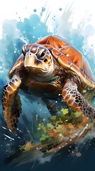 Beautiful watercolor tropical sea turtle portrait wallpaper for phones 