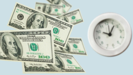 Quick cash loan. Time to pay bills. Time is money is shown using collage of dollars and clock