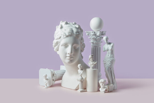 Gypsum busts and statues of different sizes.