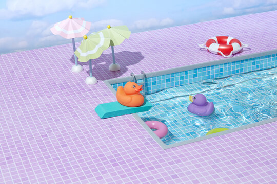 Rubber duckies and ring floats in swimming pool.