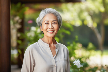 Beautiful senior woman of Asian ethnicity, in her seventies, smiling, expressing positivity, confidence and joy.