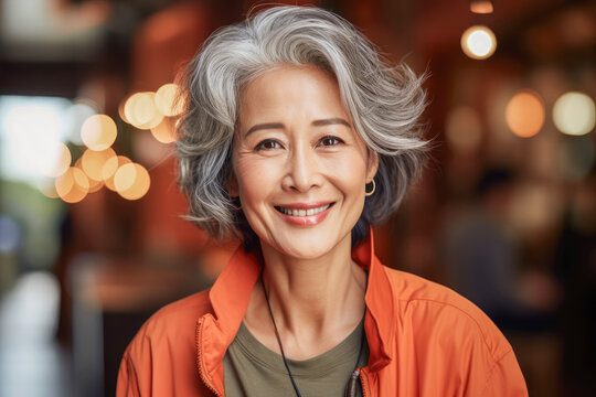 Beautiful senior woman of Asian ethnicity, in her sixties, smiling, expressing positivity, confidence and joy.
