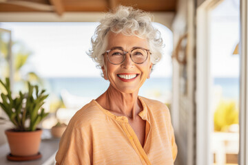 Beautiful senior mixed-race woman in her sixties, smiling, expressing positivity, confidence and joy.