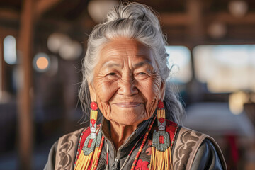 Beautiful Native American senior woman in her seventies, smiling, expressing positivity, confidence and joy.