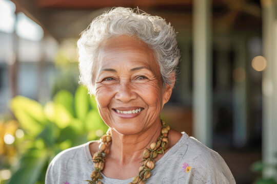 Beautiful senior woman of Pacific Islander ethnicity, in her seventies, smiling, expressing positivity, confidence and joy.
