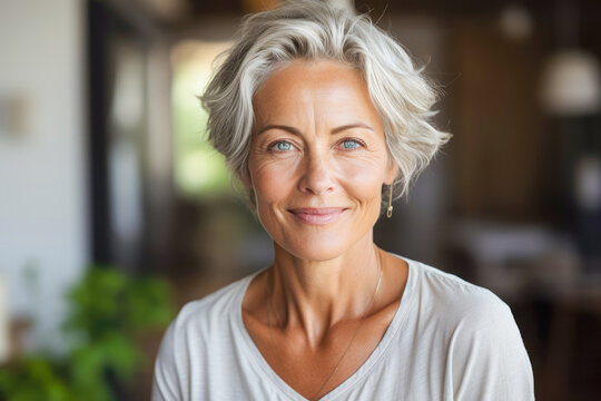 Beautiful middle-aged Scandinavian descent woman in her fifties, smiling, expressing positivity, confidence and joy.
