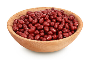Red adzuki beans in wooden bowl isolated on white background