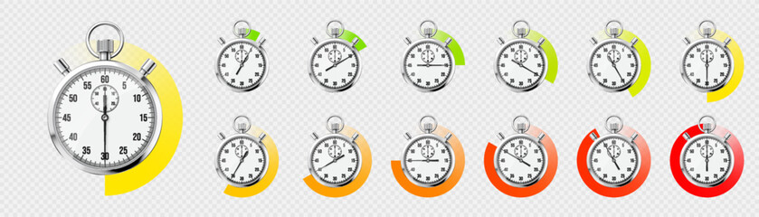 Realistic classic stopwatch. Shiny metal chronometer, time counter with dial. Colorful countdown timer showing minutes and seconds. Time measurement for sport, start and finish. Vector illustration