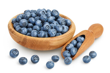 blueberry in wooden bowl isolated on white background