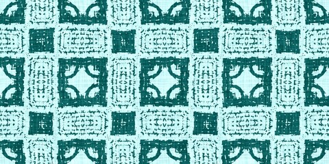 Teal green white vibrant watercolor batik azulejos tile border banner background. Seamless aqua coastal blur linen effect geometric mosaic effect.Boho Patchwork nautical masculine summer ribbon trim. 
