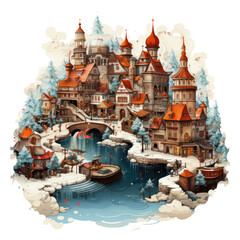 Obraz premium A whimsical Christmas sleighs t-shirt design capturing the spirit of Christmas, with Santa's sleigh flying over a quaint town square, Generative Ai
