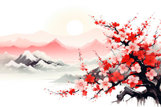 Painting of a red cherry tree with blossoms, mountains