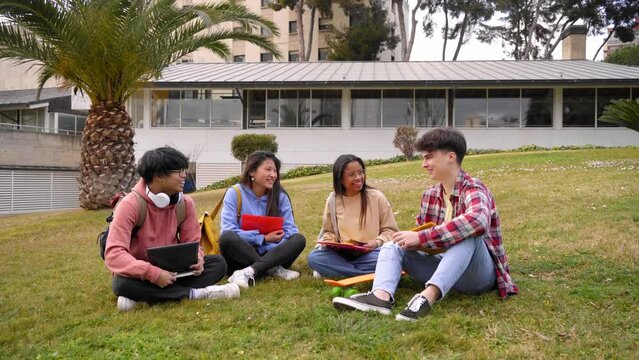 Multiracial group four young students gathered outdoor. Smiling teenage friends sitting on grass doing homework. Generation Z community enjoying free time at institute recess. Back to school. 