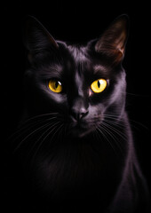 Animal portrait of a black cat on a black background conceptual for frame