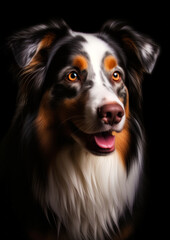 Animal portrait of a australian shepard dog on a black background conceptual for frame