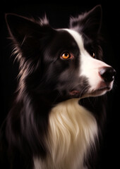 Fototapeta premium Animal portrait of a border collie dog on a black background conceptual for frame