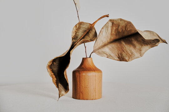 Home decoration - wooden vase and dry leaves
