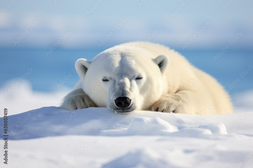 Wall mural A big white bear lying on snow, sleeping