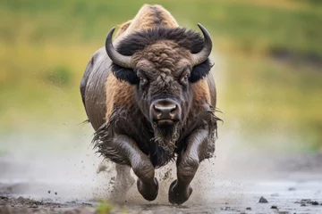 Foto auf Acrylglas Büffel A buffalo running, kicking up dirt and water as it goes