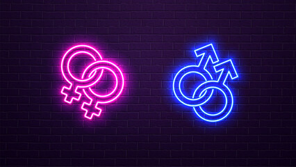 Neon glowing icons of lesbian and homosexual gender on a brick wall background.