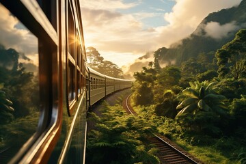 Obraz premium Passenger train rides through beautiful landscape. Exterior view