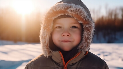 Little boy posing in winter outdoors, closeup, copyspace. Generative AI