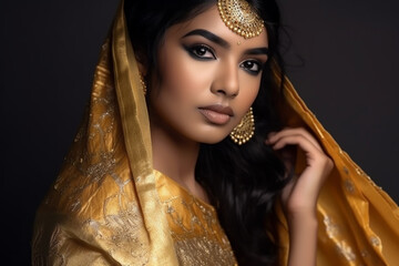 Young beautiful indian woman wearing golden clothes. Generative AI - obrazy, fototapety, plakaty