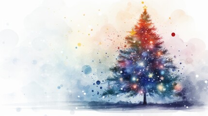 watercolor Christmas Tree With Baubles And Blurred Shiny Lights banner with text space forest christmas tree watercolor