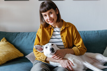 Portrait dog owner smile friendship home comfort
