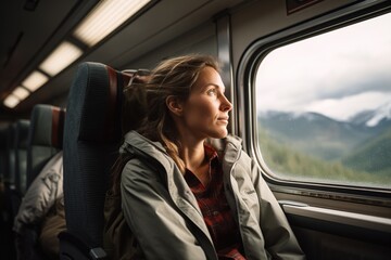 Girl rides train and looks out window
