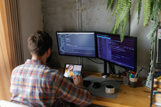 Video call. Programming. Happiness. Break at work. Remote employee