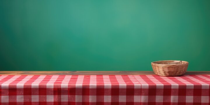 Empty Wooden Table With Red Checked Tablecloth