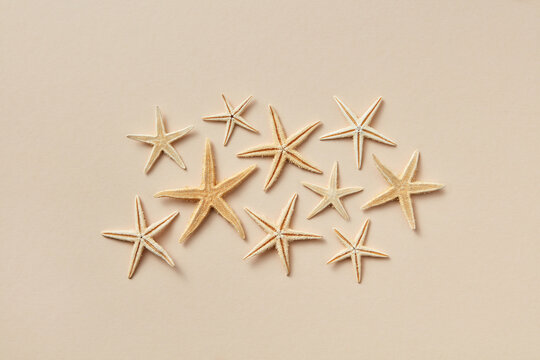 Pattern of natural starfish on beige background.