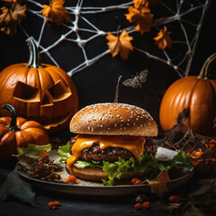 Spooky Burger with a Halloween decoration background.