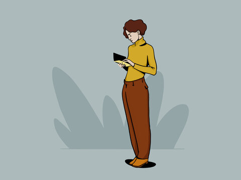 Illustration of cartoon woman using smartphone against