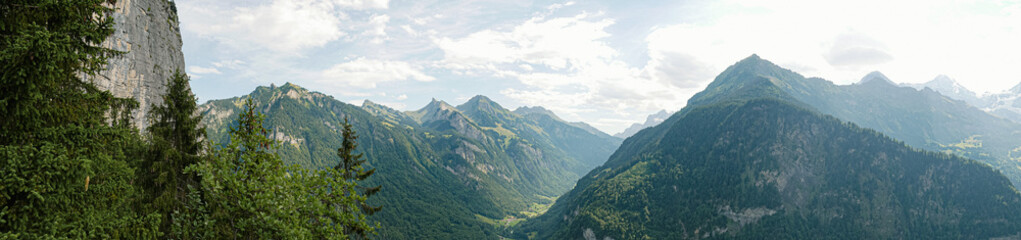 Obraz premium Panorama of swiss alps at Eiger north face Jungfrauregion switzerland, Mountainpeaks, landscapepanorama, viewpoint