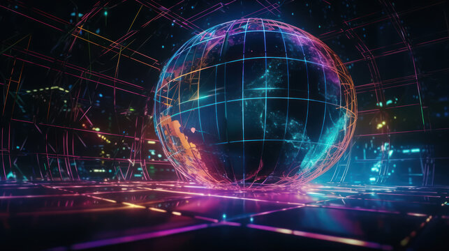 Metaverse digital world cyber space background, neon colorful global world in cyber space, future energy power technology and internet connection concept.