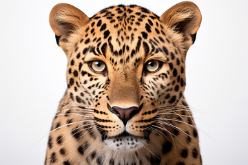 Leopard isolated on a white background close-up portrait. Studio animal photography.