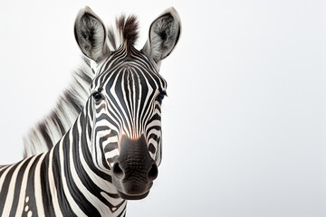 Fototapeta na wymiar Zebra isolated on a white background close-up portrait. Studio animal photography.