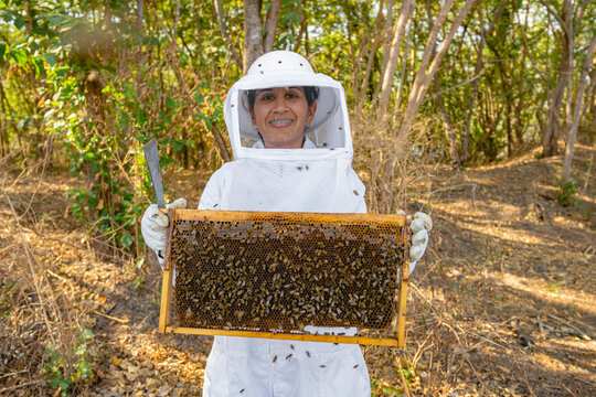 Beekeeper holding a hive. 