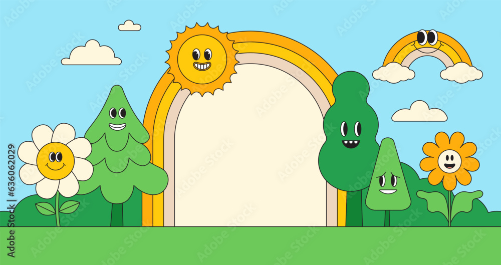 Aufkleber Vector illustration in simple linear style, landscape with cartoon characters and mascots with rainbow arch and copy space for text