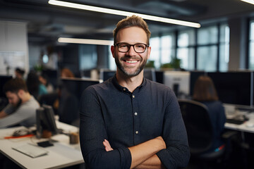 Smiling German Businessman Standing With His Arms Crossed in a Modern Office