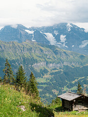 Fototapeta na wymiar Eiger and Mönch in switzerland view from a wooden cabin used for cheesemaking in switzerland