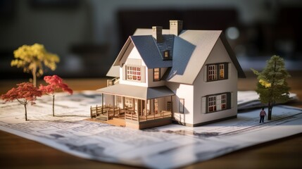 a miniature model of a house  on top of some papers