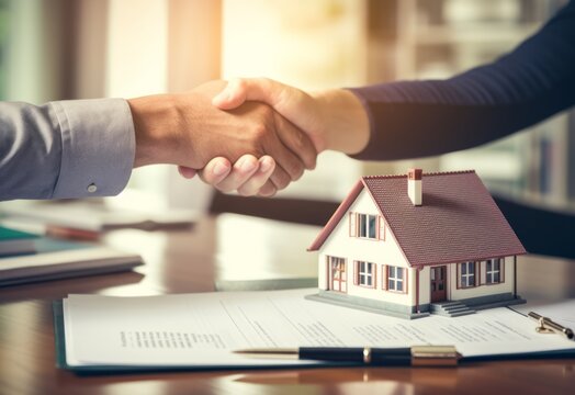 shaking hands of a businessman and a woman with a house on a paper