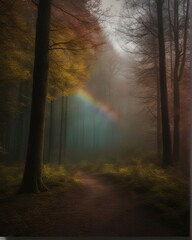 sunrise in the forest, rainbow, foggy weather
