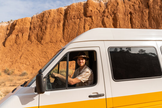 Man driving camper van minibus
