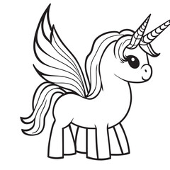 black and white coloring book for kids 6 years, a unicorn, flat vector, simple line drawing, thick l, vector illustration line art